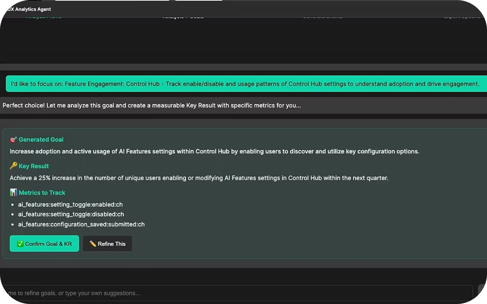 Metrics plugin generating a goal, key result, and metrics to track