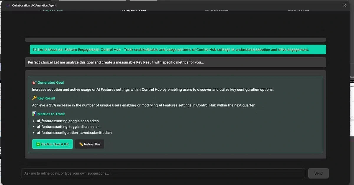 AI-generated goal, proposed key result, and metrics with controls to confirm or refine the suggestion