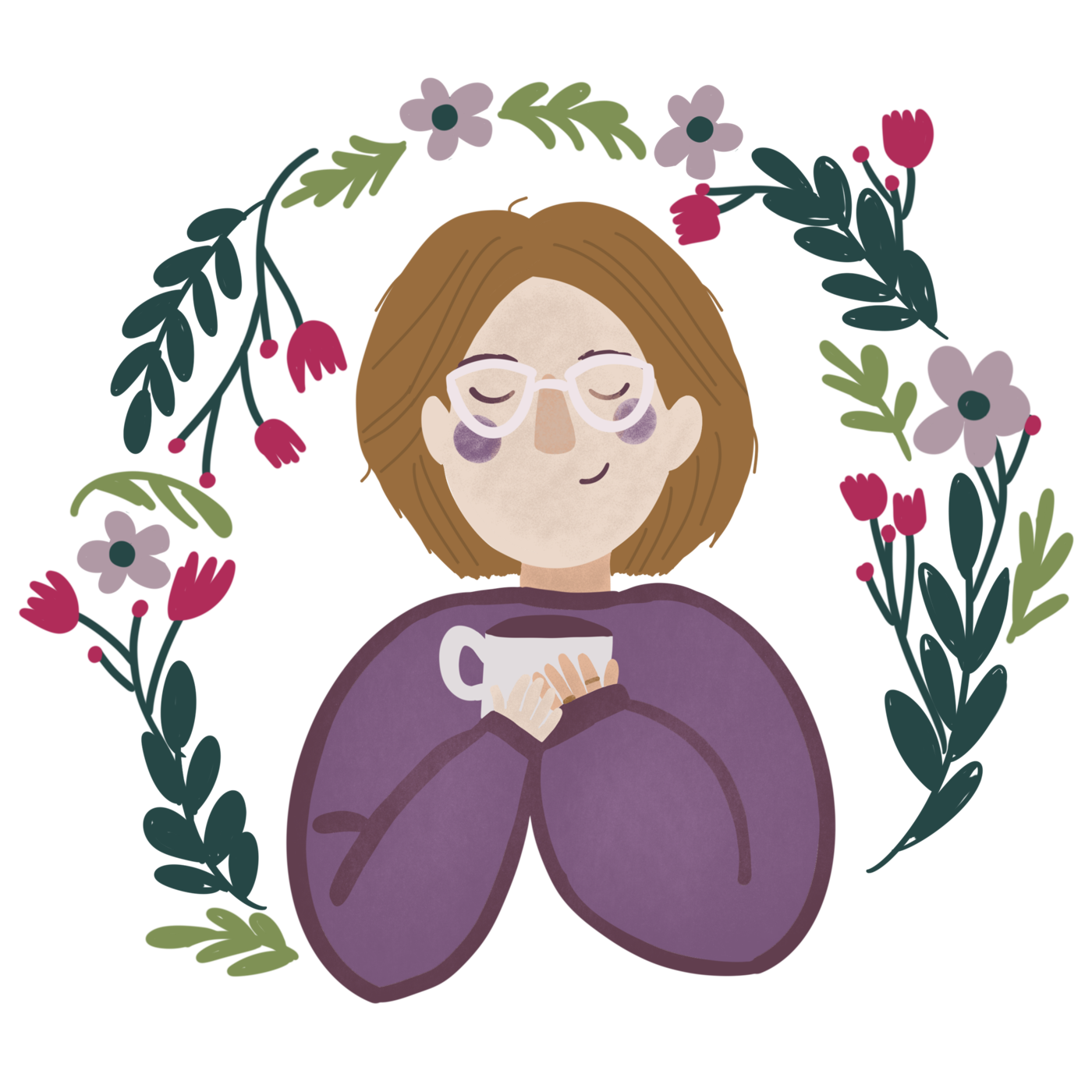 Rachael’s illustration of herself holding a coffee cup, surrounded by colorful flowers