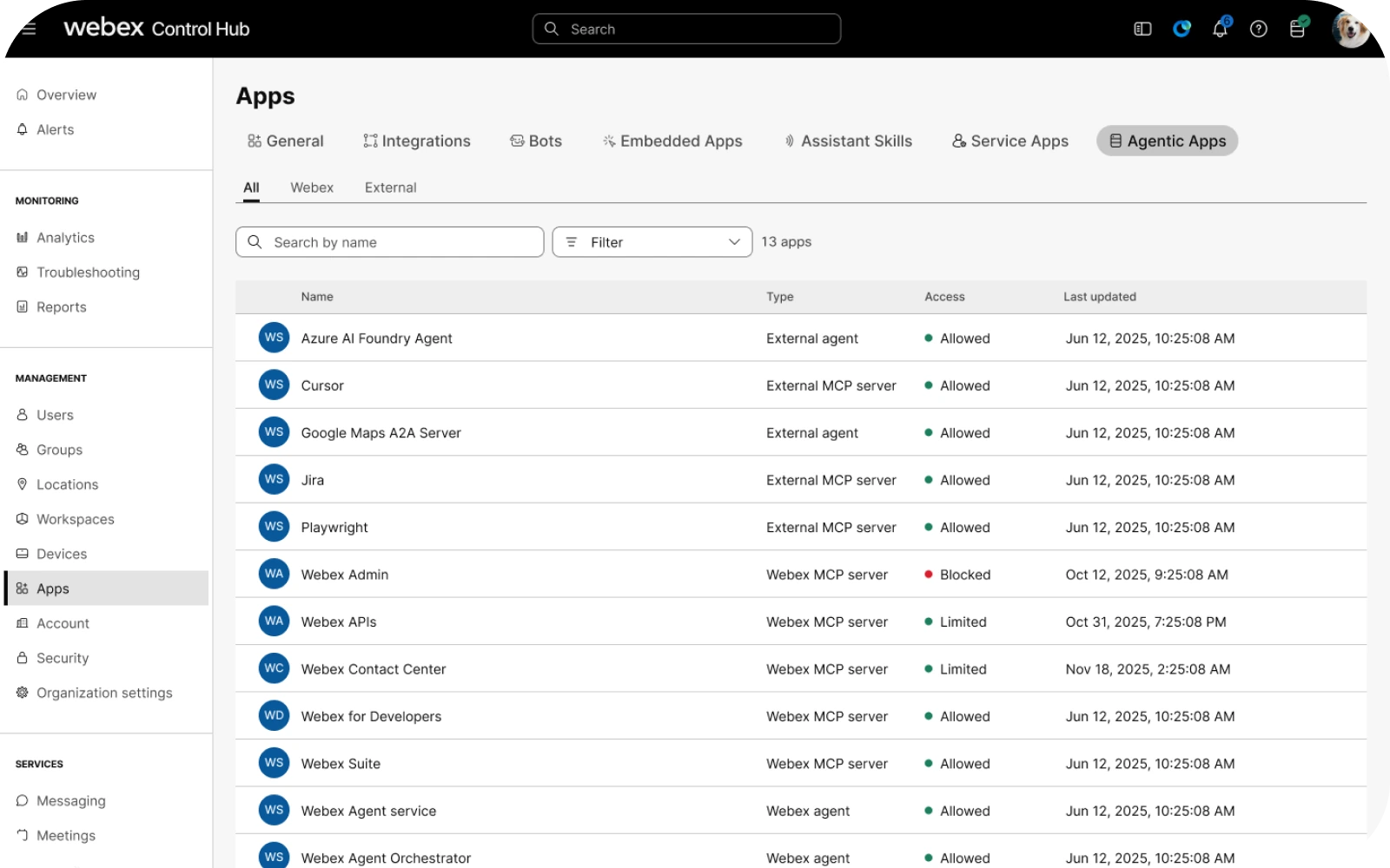 Original Apps navigation with Agentic Apps at the end
