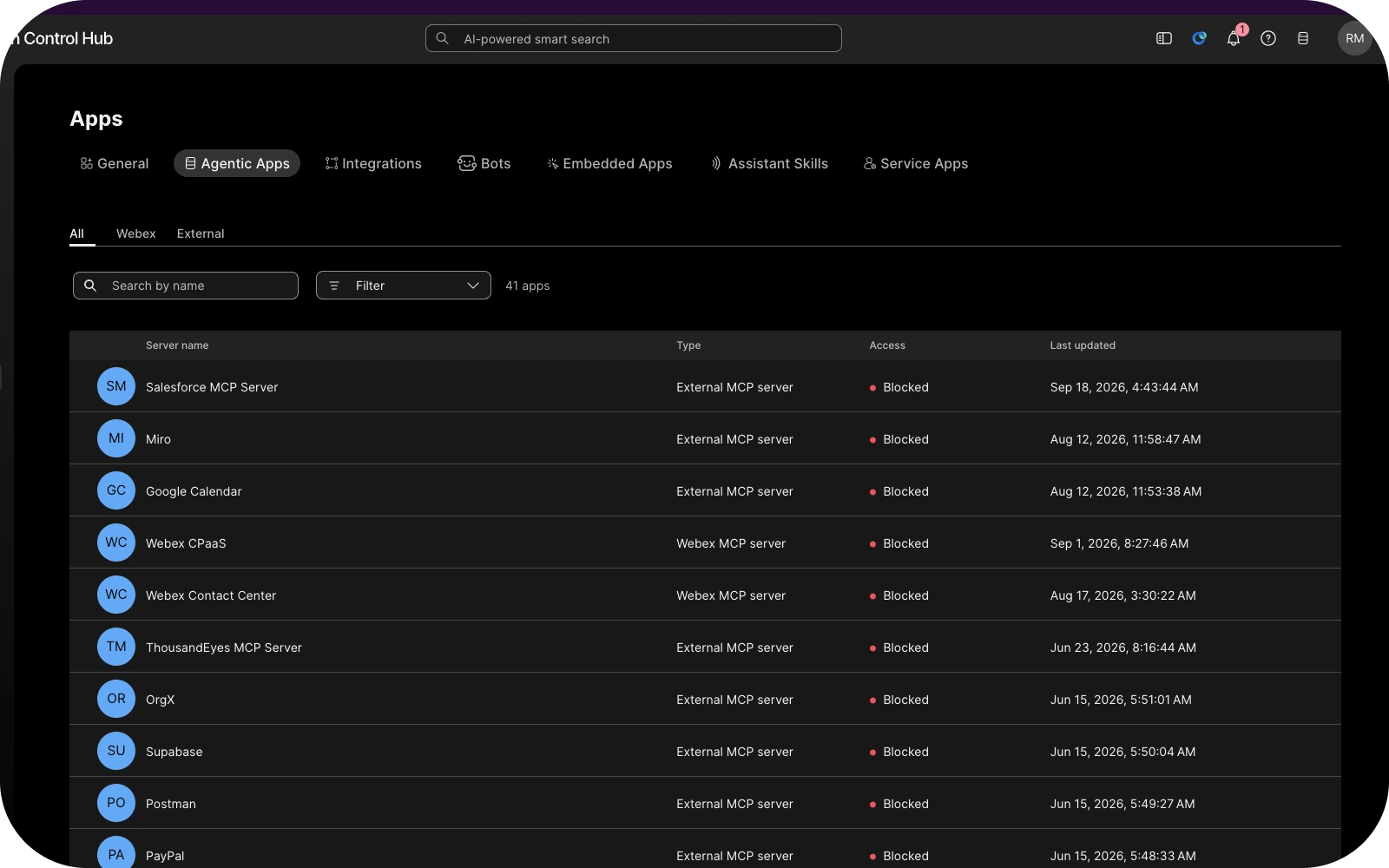 Updated dark Control Hub interface with Agentic Apps immediately after General