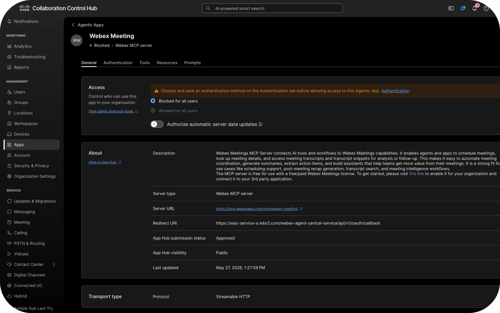 Webex Meeting agentic app configuration