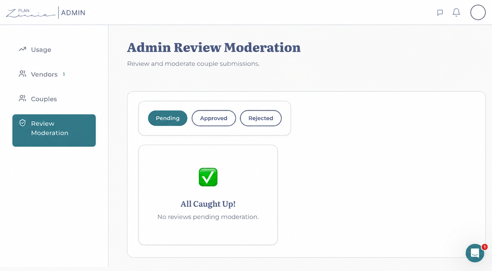 Admin review moderation with Pending, Approved, and Rejected tabs and no pending reviews