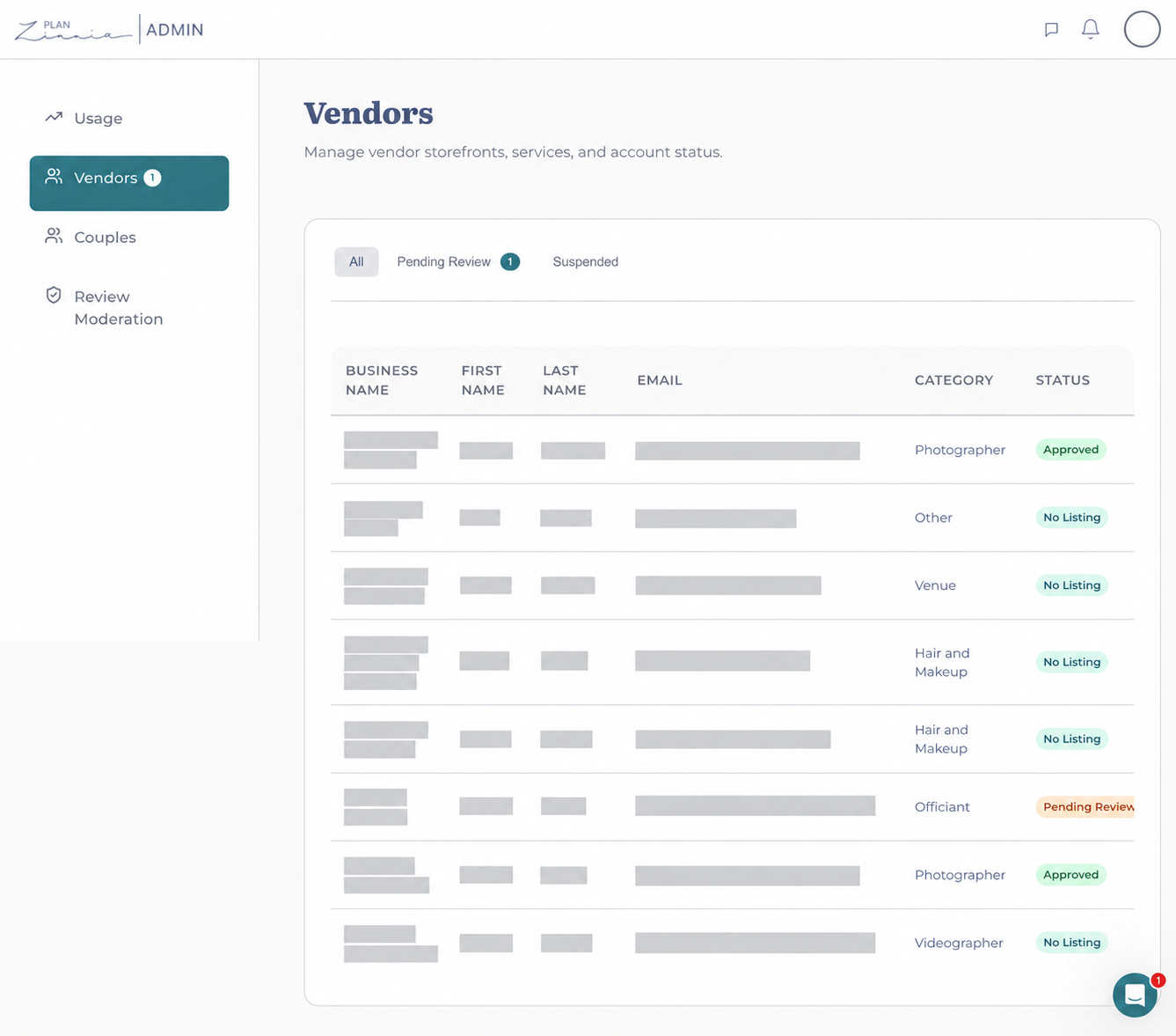 Admin vendor management with listing review filters, categories, and account status; identifying details redacted