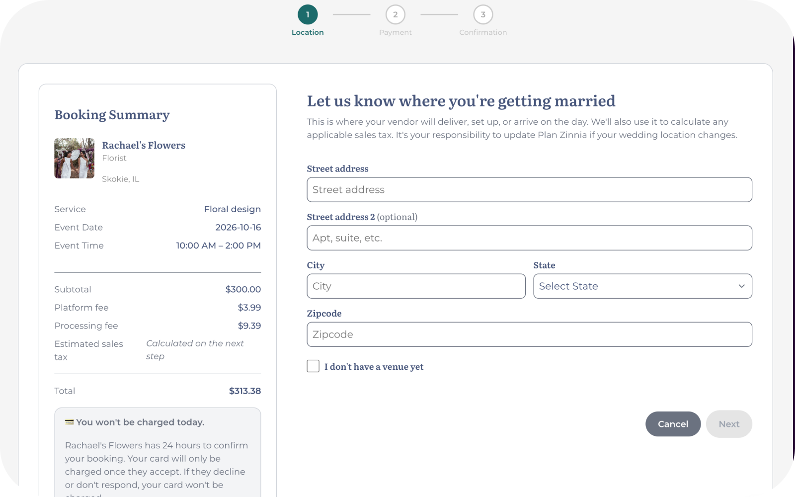 Booking location and fee summary
