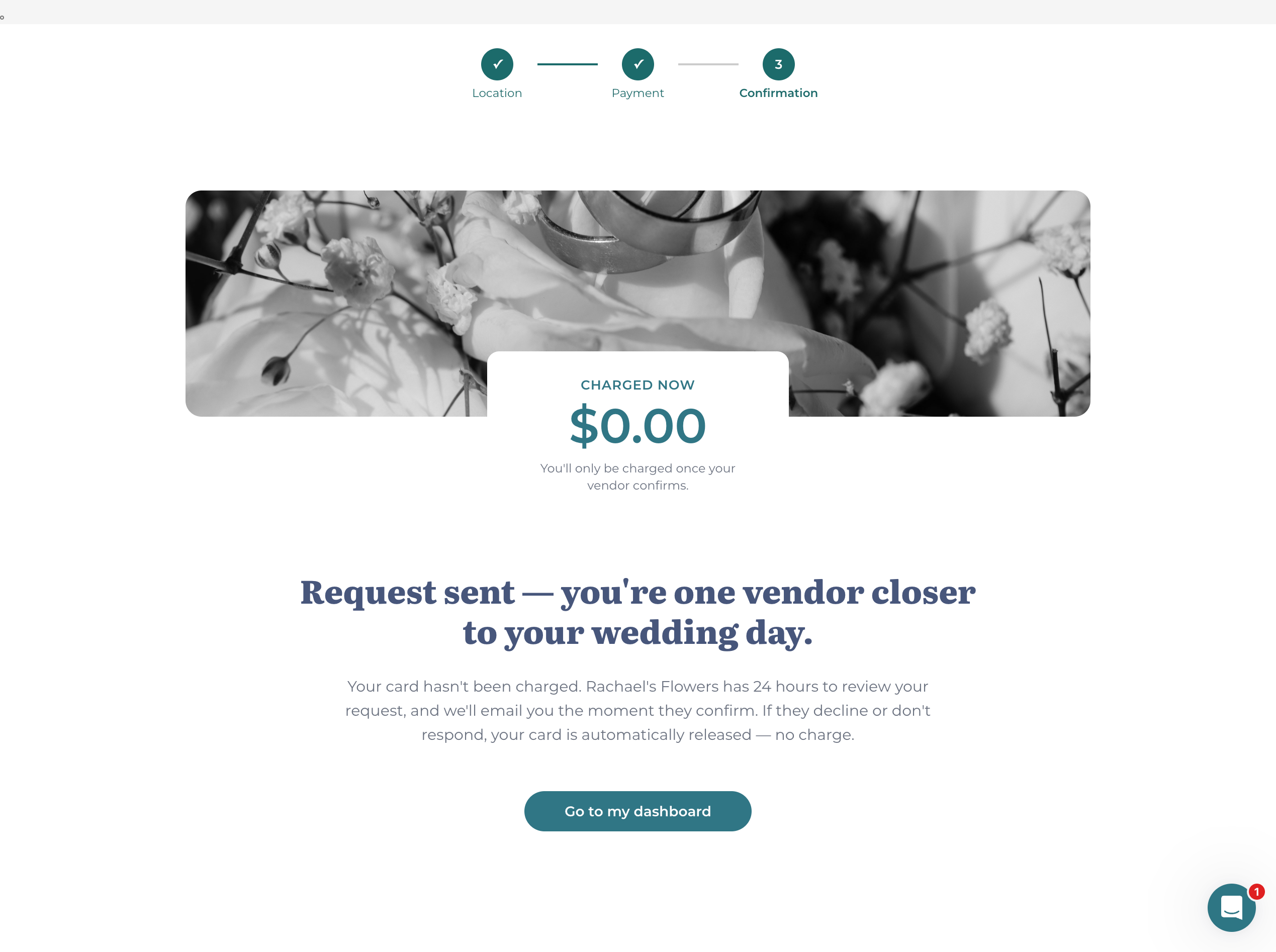 Booking request confirmation showing no charge until the vendor confirms
