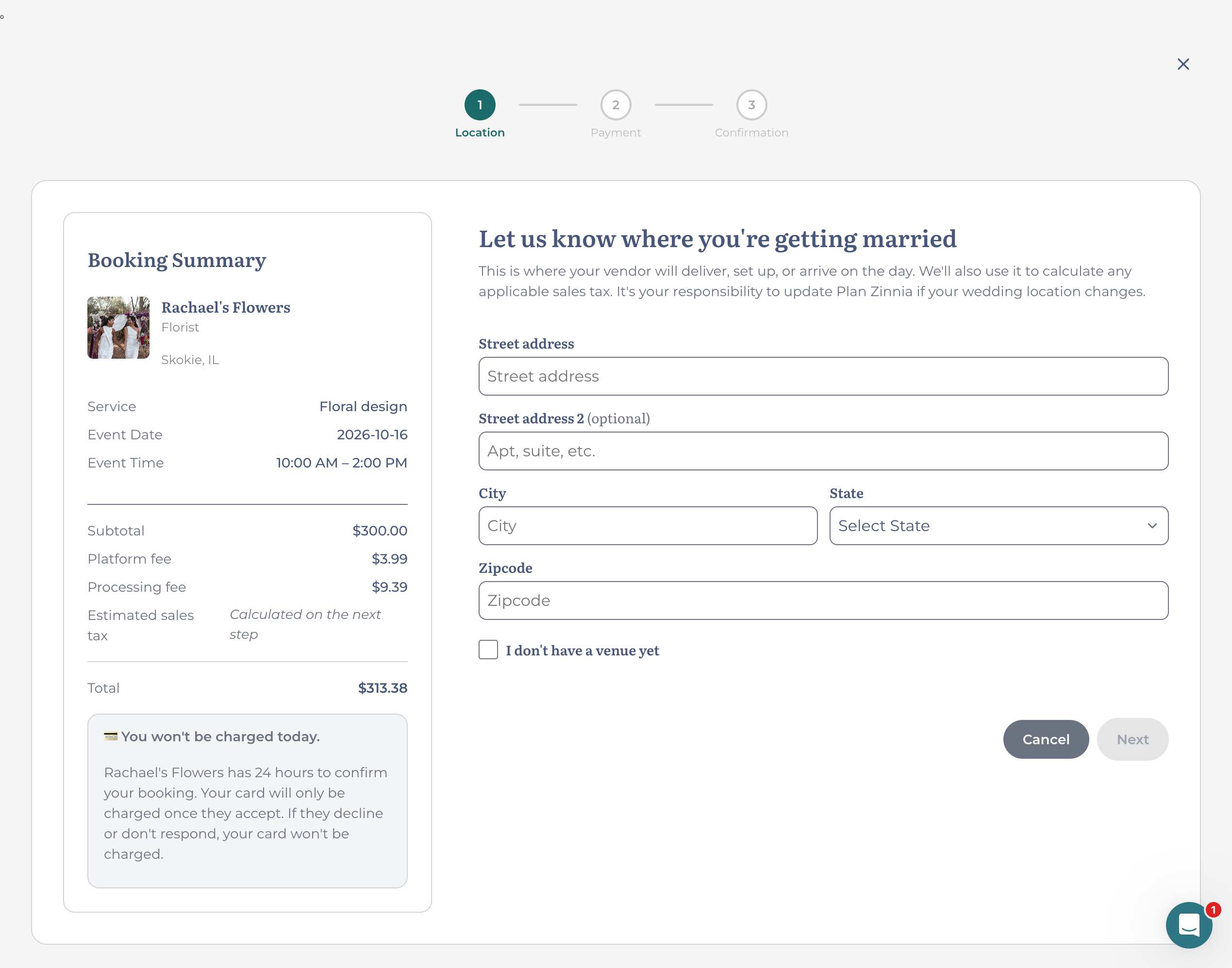 Checkout location step with booking summary and fee breakdown