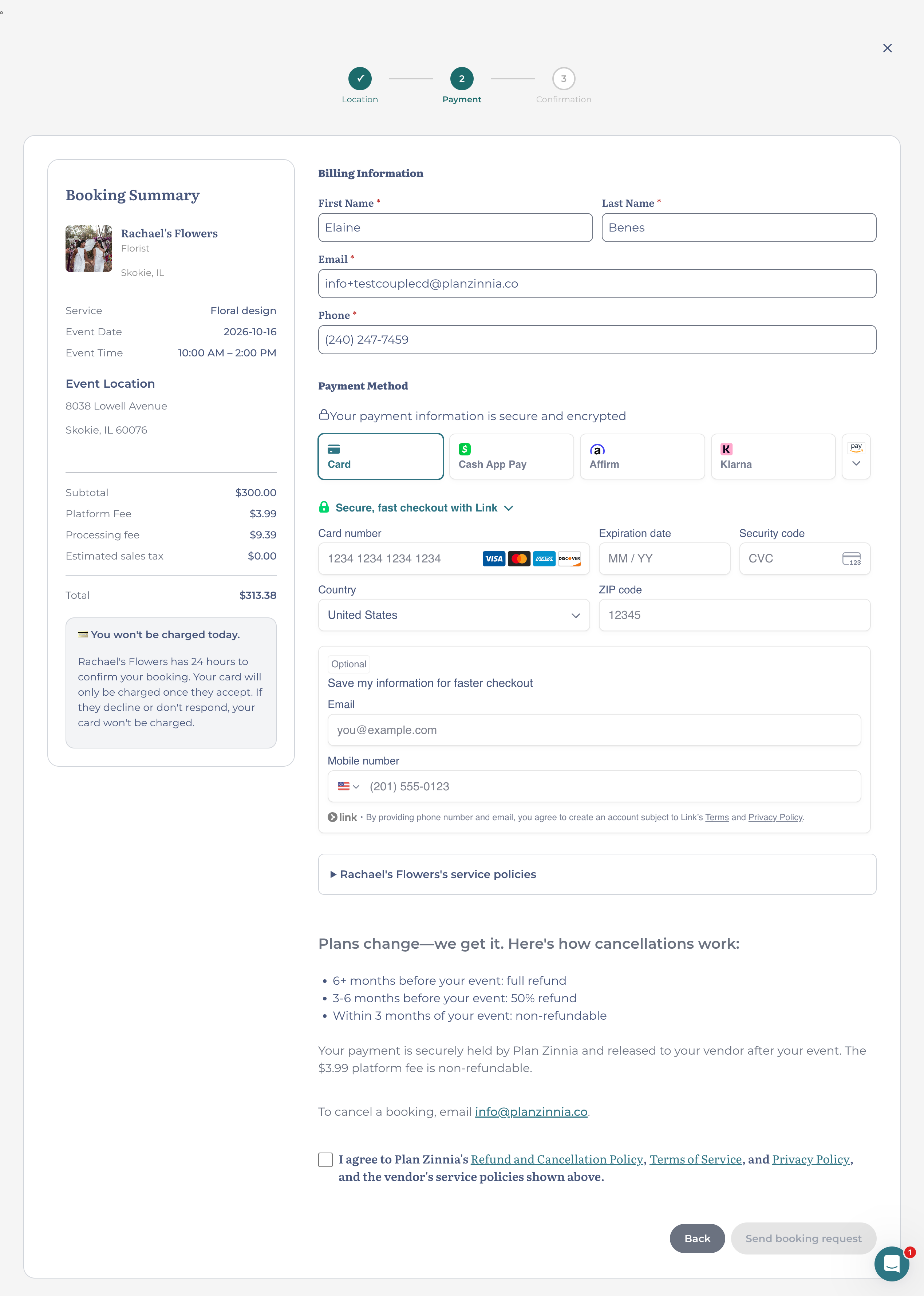 Stripe payment form with billing details, payment methods, fees, and cancellation terms
