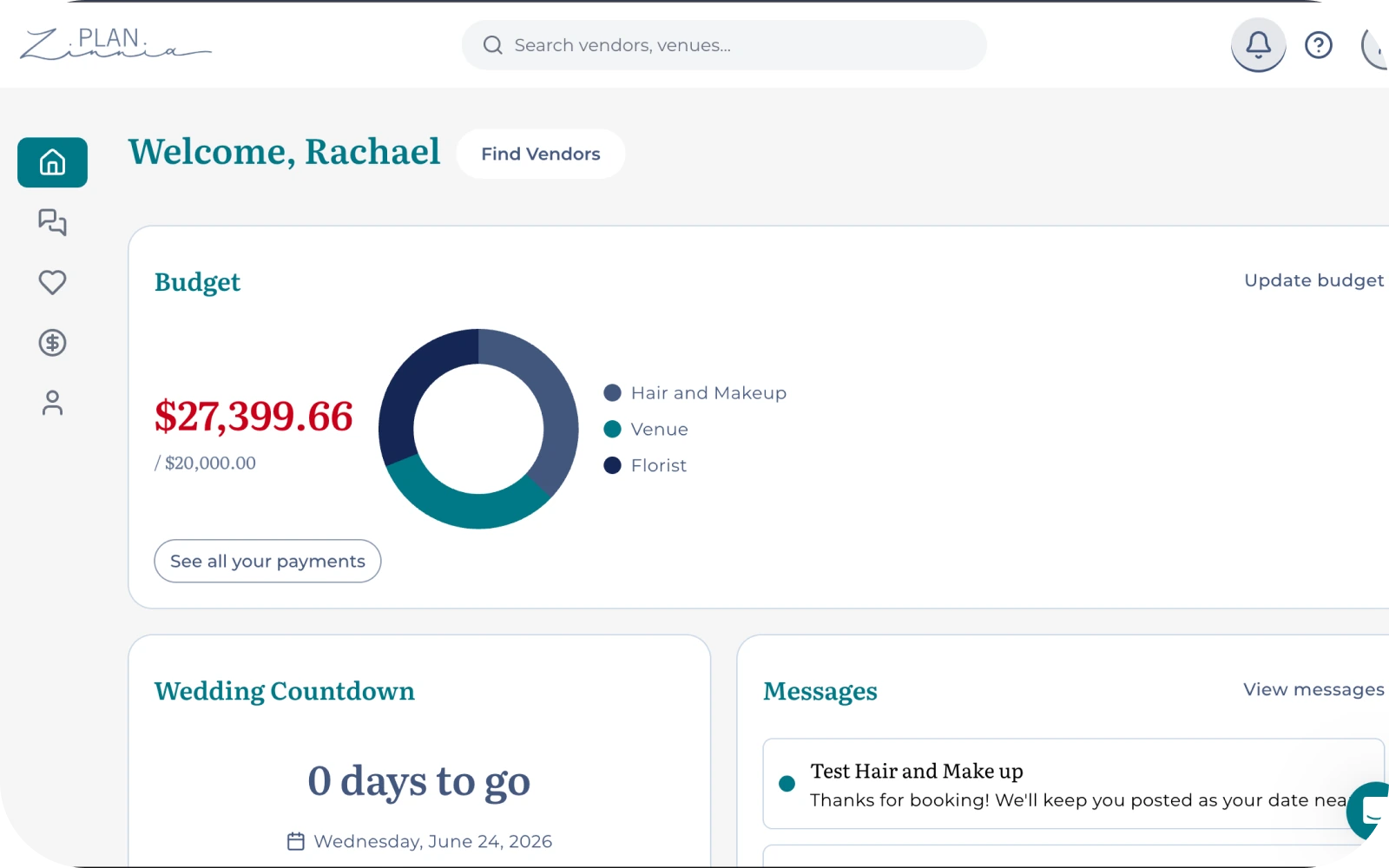 Plan Zinnia couple dashboard with budget and messages
