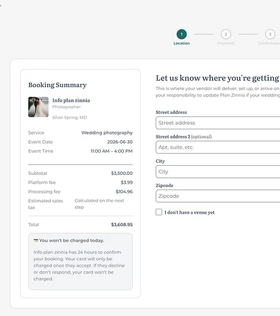 Booking checkout showing cost breakdown and event location