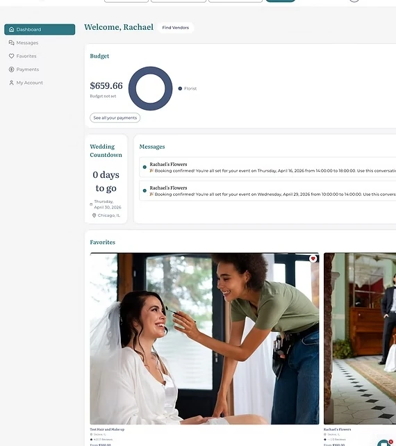 Couple dashboard with budget, messages, wedding countdown, and saved vendors