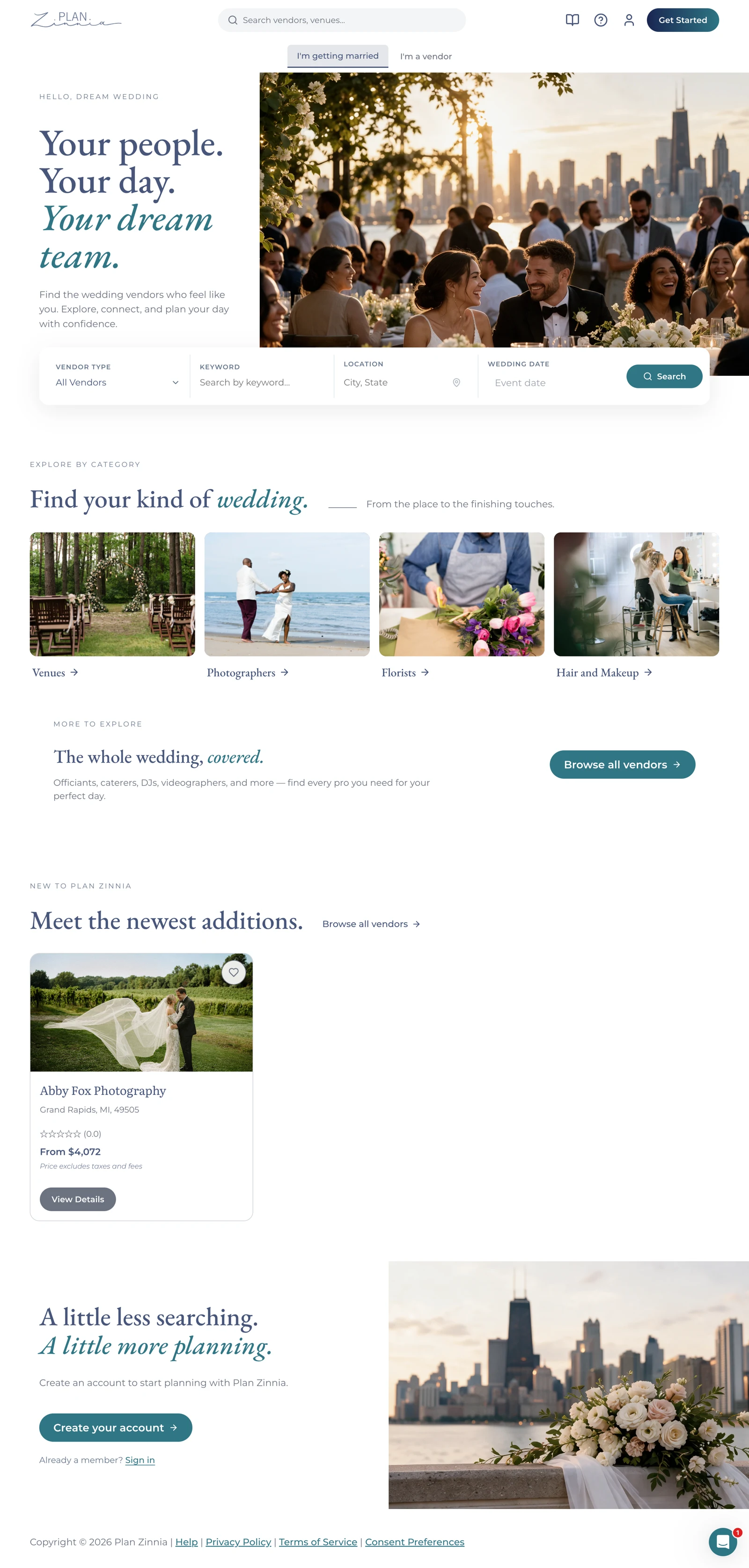 Updated Plan Zinnia couple homepage with editorial wedding photography, vendor search, categories, and signup