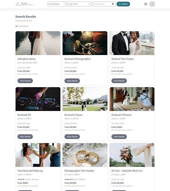 Marketplace search results with wedding vendor profiles