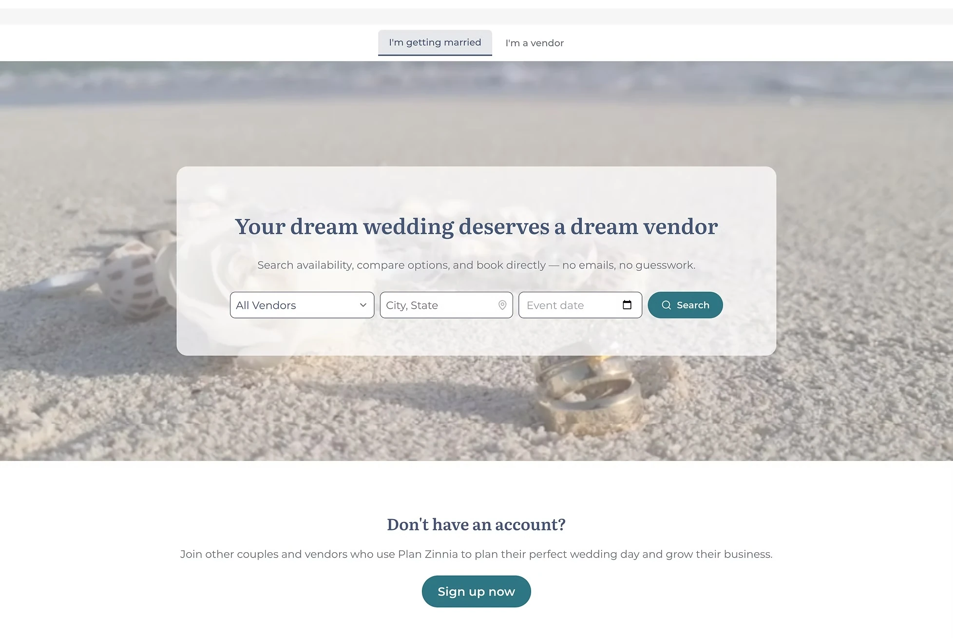 Plan Zinnia marketplace homepage with vendor, location, and event-date search