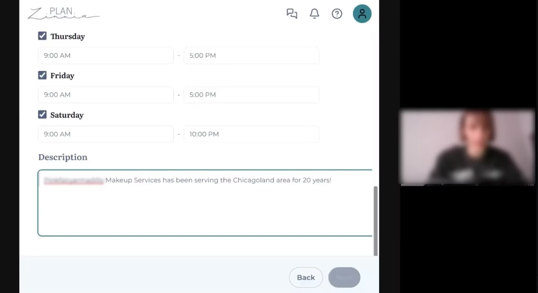 An anonymized vendor usability session reviewing availability and profile setup