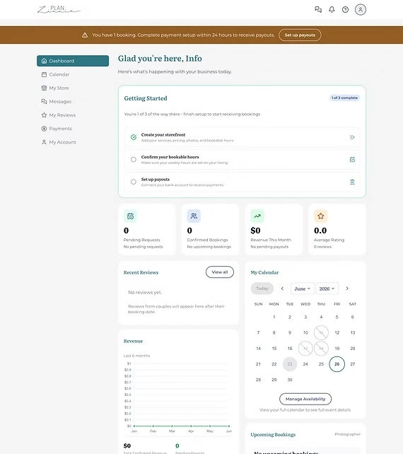 Vendor dashboard with onboarding, bookings, messages, calendar, and revenue