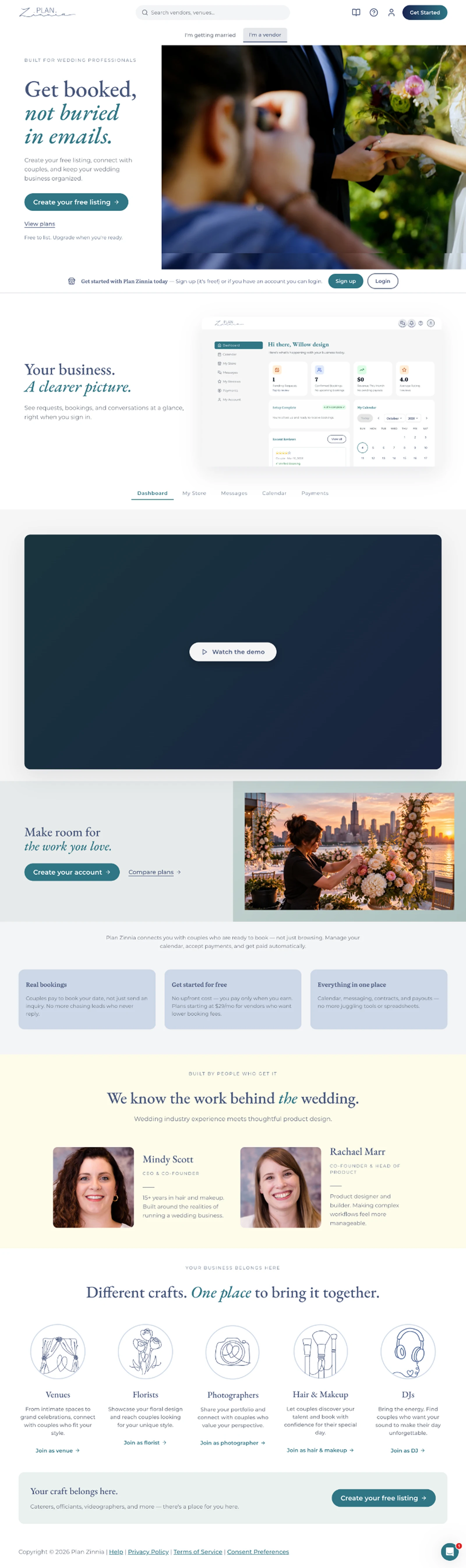 Plan Zinnia vendor landing page with product walkthrough, demo, signup, founder biographies, and vendor specialties